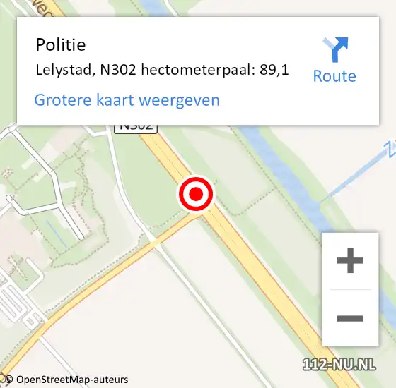 Locatie op kaart van de 112 melding: Politie Lelystad, N302 hectometerpaal: 89,1 op 23 februari 2023 07:04