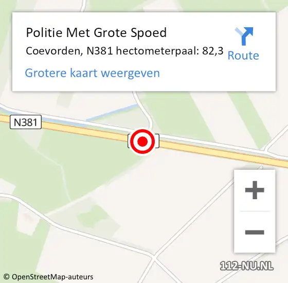 Locatie op kaart van de 112 melding: Politie Met Grote Spoed Naar Coevorden, N381 hectometerpaal: 82,3 op 24 februari 2023 21:35