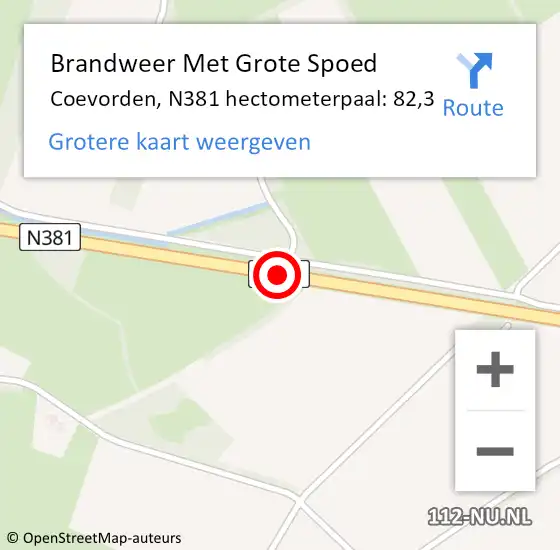 Locatie op kaart van de 112 melding: Brandweer Met Grote Spoed Naar Coevorden, N381 hectometerpaal: 82,3 op 24 februari 2023 21:36