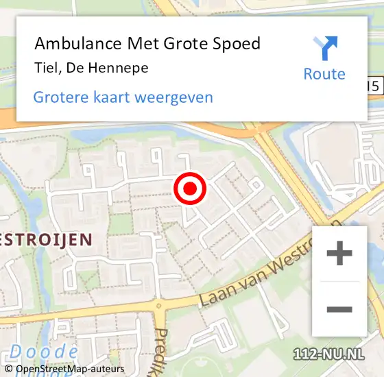 Locatie op kaart van de 112 melding: Ambulance Met Grote Spoed Naar Tiel, De Hennepe op 24 februari 2023 23:45
