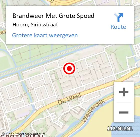 Locatie op kaart van de 112 melding: Brandweer Met Grote Spoed Naar Hoorn, Siriusstraat op 26 februari 2023 01:58