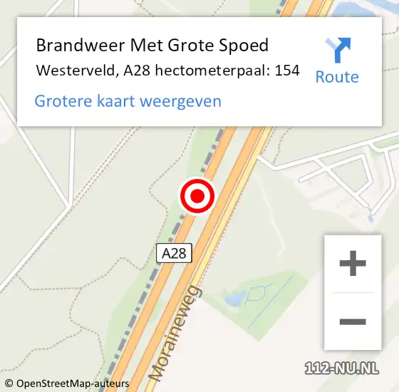 Locatie op kaart van de 112 melding: Brandweer Met Grote Spoed Naar Westerveld, A28 hectometerpaal: 154 op 26 februari 2023 23:36