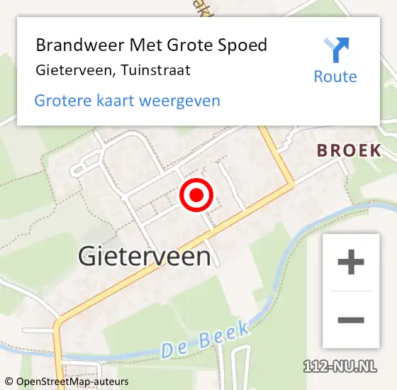 Locatie op kaart van de 112 melding: Brandweer Met Grote Spoed Naar Gieterveen, Tuinstraat op 27 februari 2023 08:52