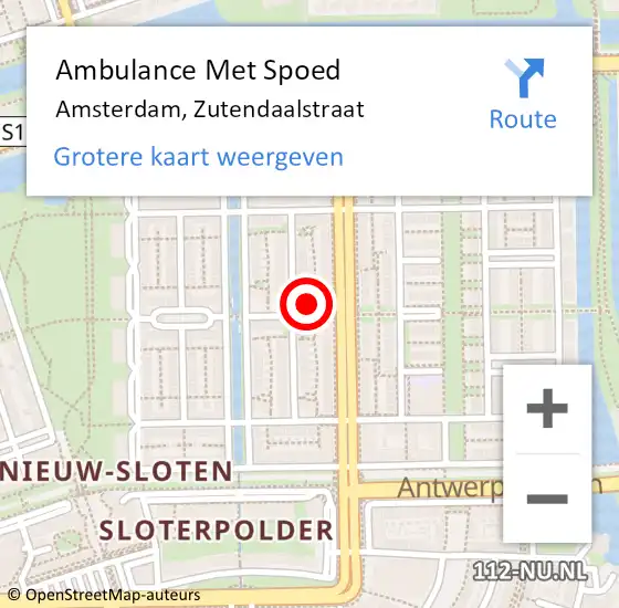 Locatie op kaart van de 112 melding: Ambulance Met Spoed Naar Amsterdam, Zutendaalstraat op 27 februari 2023 12:06