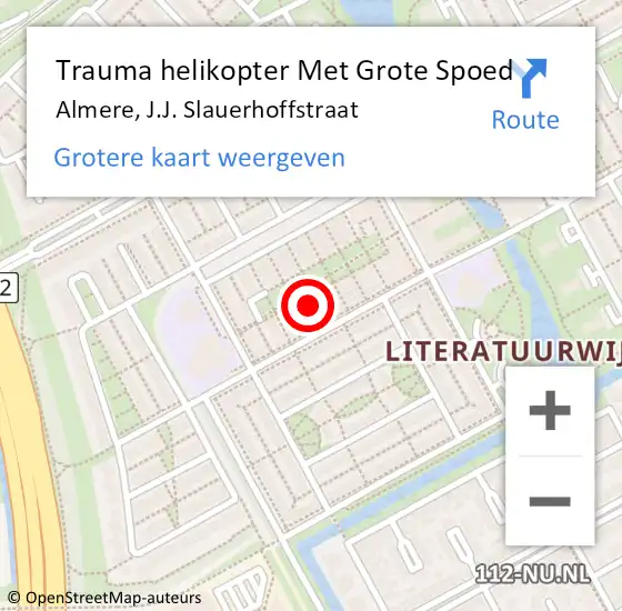 Locatie op kaart van de 112 melding: Trauma helikopter Met Grote Spoed Naar Almere, J.J. Slauerhoffstraat op 27 februari 2023 14:04