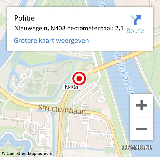 Locatie op kaart van de 112 melding: Politie Nieuwegein, N408 hectometerpaal: 2,1 op 27 februari 2023 17:46