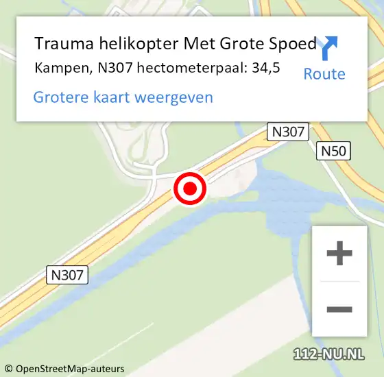 Locatie op kaart van de 112 melding: Trauma helikopter Met Grote Spoed Naar Kampen, N307 hectometerpaal: 34,5 op 27 februari 2023 23:33