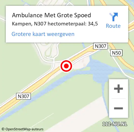 Locatie op kaart van de 112 melding: Ambulance Met Grote Spoed Naar Kampen, N307 hectometerpaal: 34,5 op 27 februari 2023 23:36
