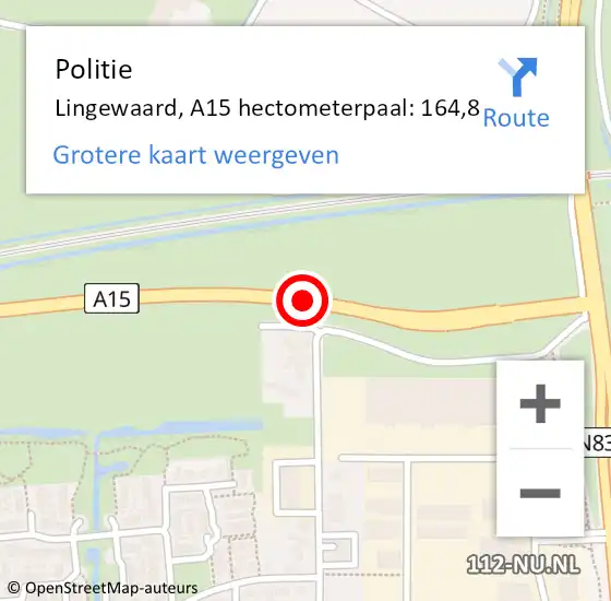 Locatie op kaart van de 112 melding: Politie Lingewaard, A15 hectometerpaal: 164,8 op 28 februari 2023 10:18