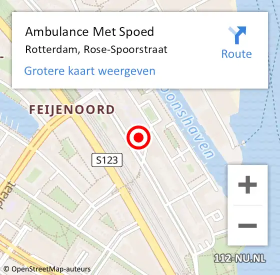 Locatie op kaart van de 112 melding: Ambulance Met Spoed Naar Rotterdam, Rose-Spoorstraat op 1 maart 2023 12:57