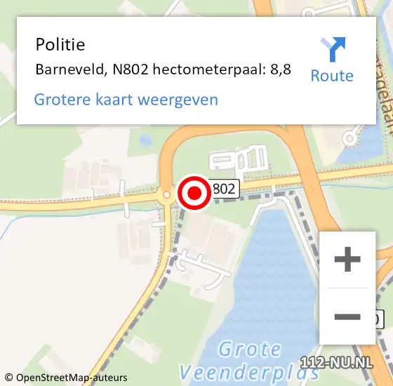 Locatie op kaart van de 112 melding: Politie Barneveld, N802 hectometerpaal: 8,8 op 2 maart 2023 16:57