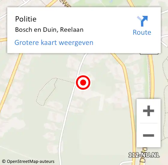 Locatie op kaart van de 112 melding: Politie Bosch en Duin, Reelaan op 3 maart 2023 12:52