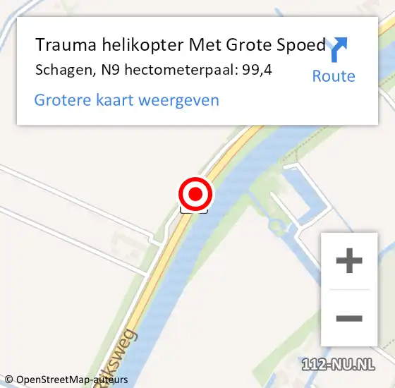 Locatie op kaart van de 112 melding: Trauma helikopter Met Grote Spoed Naar Schagen, N9 hectometerpaal: 99,4 op 3 maart 2023 14:18