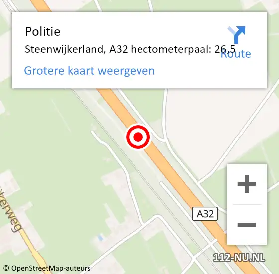 Locatie op kaart van de 112 melding: Politie Steenwijkerland, A32 hectometerpaal: 26,5 op 3 maart 2023 18:34