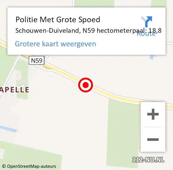 Locatie op kaart van de 112 melding: Politie Met Grote Spoed Naar Schouwen-Duiveland, N59 hectometerpaal: 18,8 op 3 maart 2023 19:44