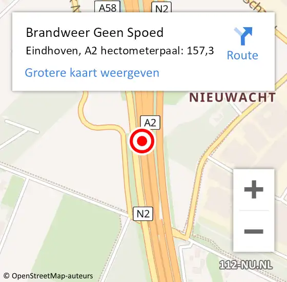 Locatie op kaart van de 112 melding: Brandweer Geen Spoed Naar Eindhoven, A2 hectometerpaal: 157,3 op 5 maart 2023 07:23