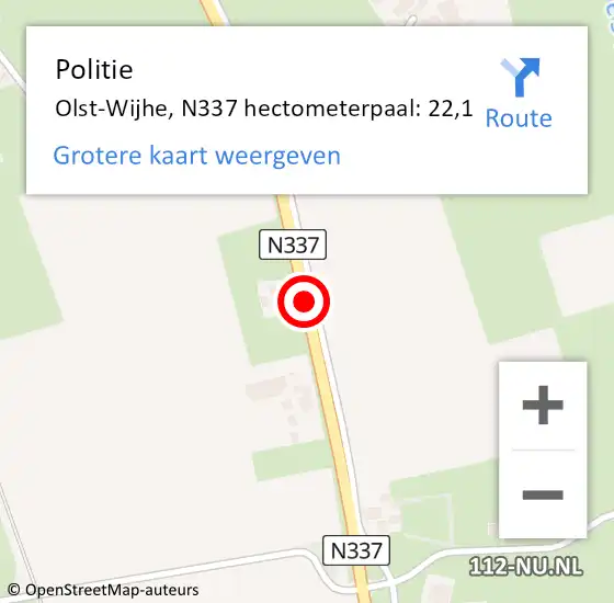 Locatie op kaart van de 112 melding: Politie Olst-Wijhe, N337 hectometerpaal: 22,1 op 5 maart 2023 08:03