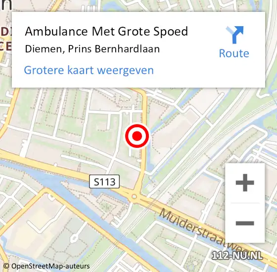 Locatie op kaart van de 112 melding: Ambulance Met Grote Spoed Naar Diemen, Prins Bernhardlaan op 6 maart 2023 04:02
