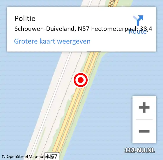 Locatie op kaart van de 112 melding: Politie Schouwen-Duiveland, N57 hectometerpaal: 38,4 op 6 maart 2023 07:46