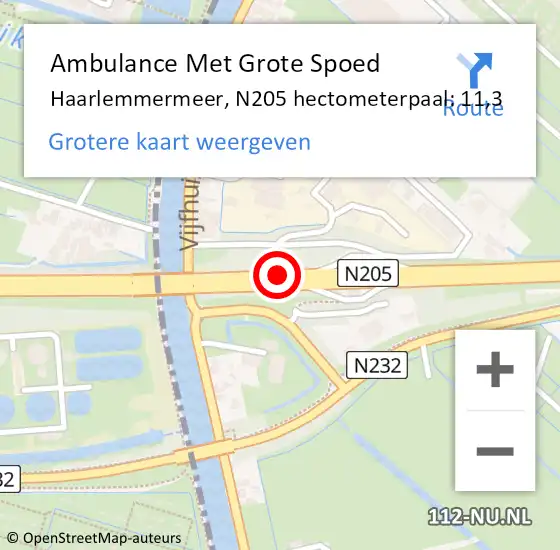 Locatie op kaart van de 112 melding: Ambulance Met Grote Spoed Naar Haarlemmermeer, N205 hectometerpaal: 11,3 op 6 maart 2023 08:01