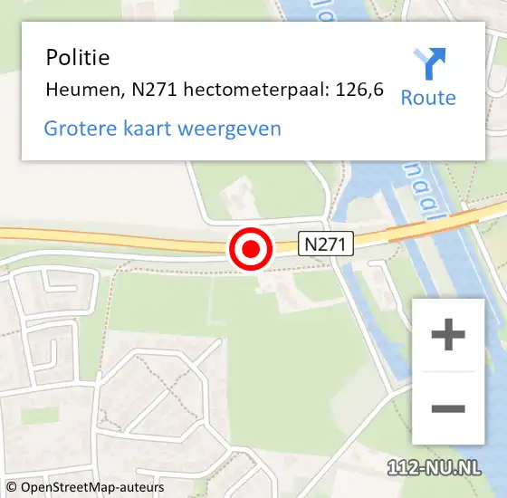 Locatie op kaart van de 112 melding: Politie Heumen, N271 hectometerpaal: 126,6 op 6 maart 2023 14:27