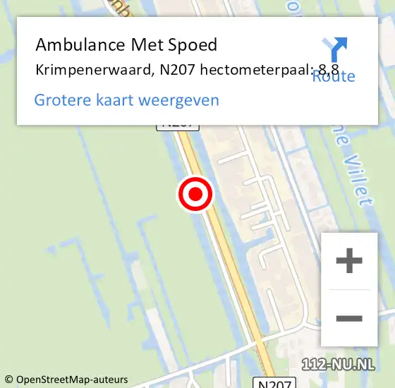 Locatie op kaart van de 112 melding: Ambulance Met Spoed Naar Krimpenerwaard, N207 hectometerpaal: 8,8 op 7 maart 2023 08:05