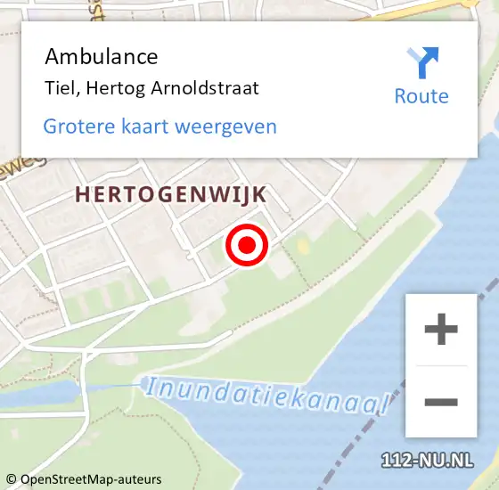 Locatie op kaart van de 112 melding: Ambulance Tiel, Hertog Arnoldstraat op 7 maart 2023 19:45