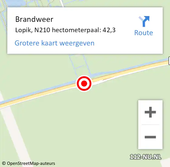 Locatie op kaart van de 112 melding: Brandweer Lopik, N210 hectometerpaal: 42,3 op 9 maart 2023 20:01