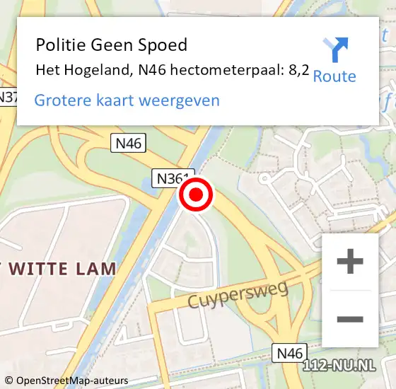 Locatie op kaart van de 112 melding: Politie Geen Spoed Naar Het Hogeland, N46 hectometerpaal: 8,2 op 9 maart 2023 22:47
