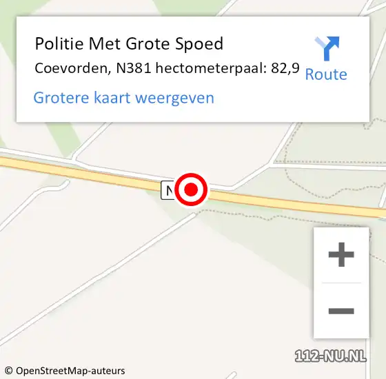 Locatie op kaart van de 112 melding: Politie Met Grote Spoed Naar Coevorden, N381 hectometerpaal: 82,9 op 9 maart 2023 23:53