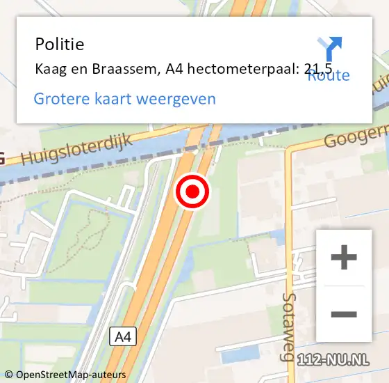 Locatie op kaart van de 112 melding: Politie Kaag en Braassem, A4 hectometerpaal: 21,5 op 10 maart 2023 14:22
