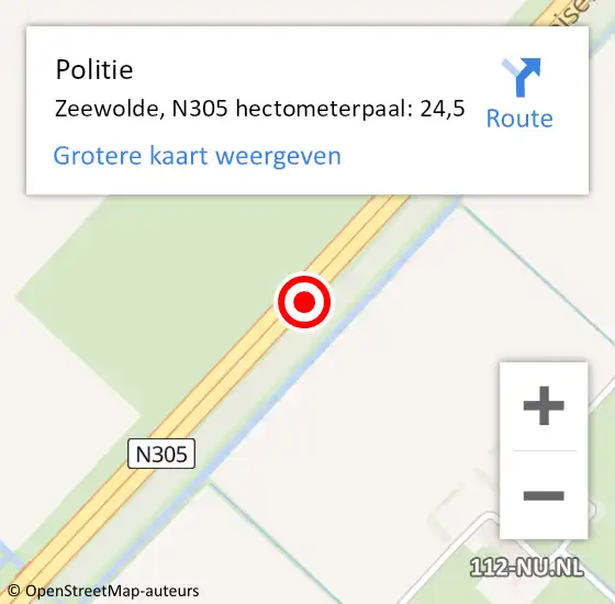 Locatie op kaart van de 112 melding: Politie Zeewolde, N305 hectometerpaal: 24,5 op 10 maart 2023 16:41