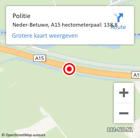 Locatie op kaart van de 112 melding: Politie Neder-Betuwe, A15 hectometerpaal: 138,8 op 13 maart 2023 06:32