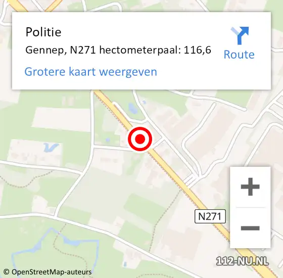 Locatie op kaart van de 112 melding: Politie Gennep, N271 hectometerpaal: 116,6 op 13 maart 2023 16:43