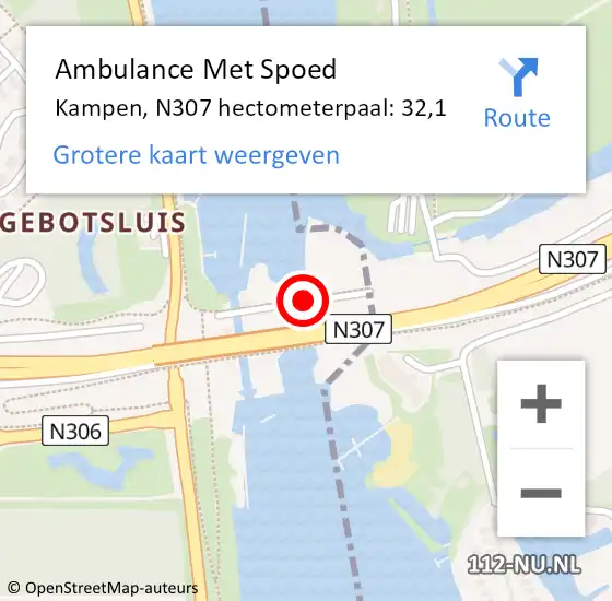 Locatie op kaart van de 112 melding: Ambulance Met Spoed Naar Kampen, N307 hectometerpaal: 32,1 op 16 maart 2023 01:46