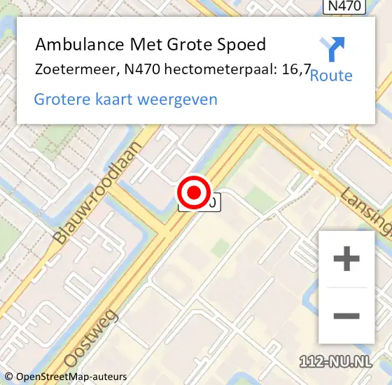 Locatie op kaart van de 112 melding: Ambulance Met Grote Spoed Naar Zoetermeer, N470 hectometerpaal: 16,7 op 16 maart 2023 17:19