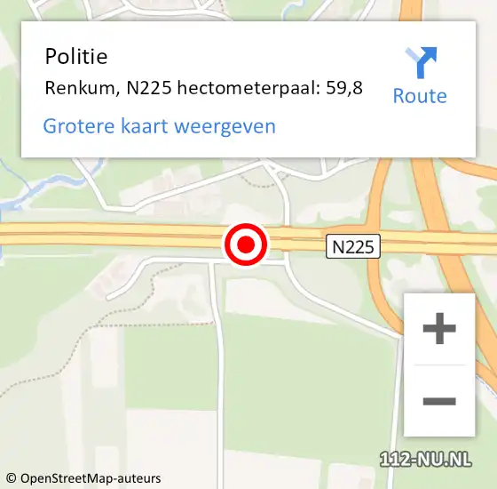 Locatie op kaart van de 112 melding: Politie Renkum, N225 hectometerpaal: 59,8 op 16 maart 2023 20:32