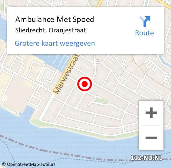 Locatie op kaart van de 112 melding: Ambulance Met Spoed Naar Sliedrecht, Oranjestraat op 16 maart 2023 22:41