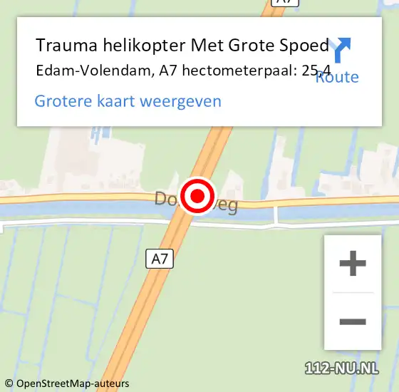 Locatie op kaart van de 112 melding: Trauma helikopter Met Grote Spoed Naar Edam-Volendam, A7 hectometerpaal: 25,4 op 18 maart 2023 14:07