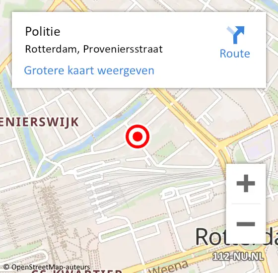 Locatie op kaart van de 112 melding: Politie Rotterdam, Proveniersstraat op 20 maart 2023 14:04