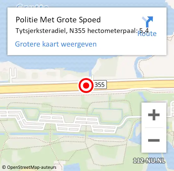 Locatie op kaart van de 112 melding: Politie Met Grote Spoed Naar Tytsjerksteradiel, N355 hectometerpaal: 5,4 op 20 maart 2023 16:47