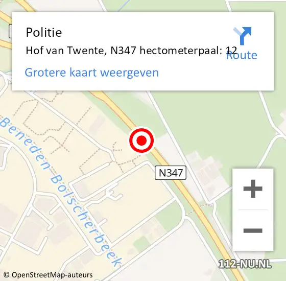 Locatie op kaart van de 112 melding: Politie Hof van Twente, N347 hectometerpaal: 12 op 21 maart 2023 08:41