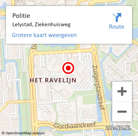 Locatie op kaart van de 112 melding: Politie Lelystad, Ziekenhuisweg op 21 maart 2023 09:34