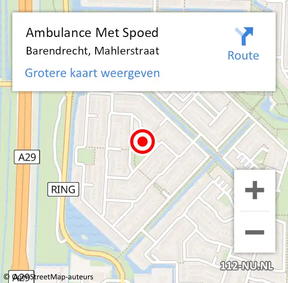 Locatie op kaart van de 112 melding: Ambulance Met Spoed Naar Barendrecht, Mahlerstraat op 21 maart 2023 15:55