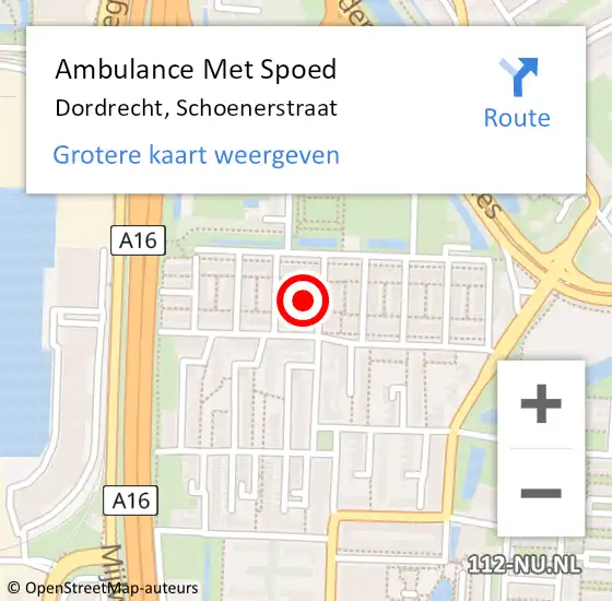 Locatie op kaart van de 112 melding: Ambulance Met Spoed Naar Dordrecht, Schoenerstraat op 22 maart 2023 00:31