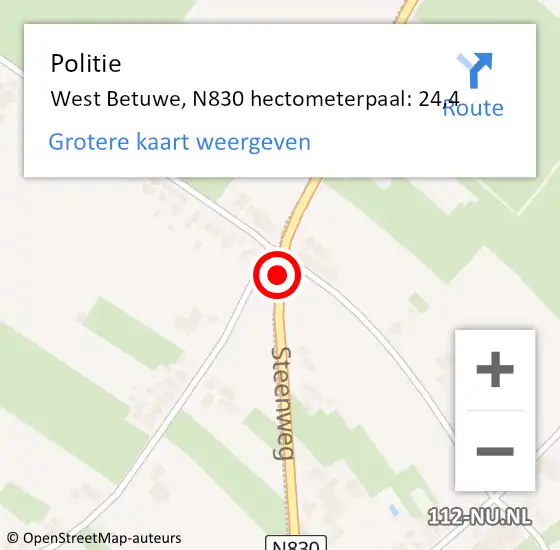 Locatie op kaart van de 112 melding: Politie West Betuwe, N830 hectometerpaal: 24,4 op 22 maart 2023 06:17