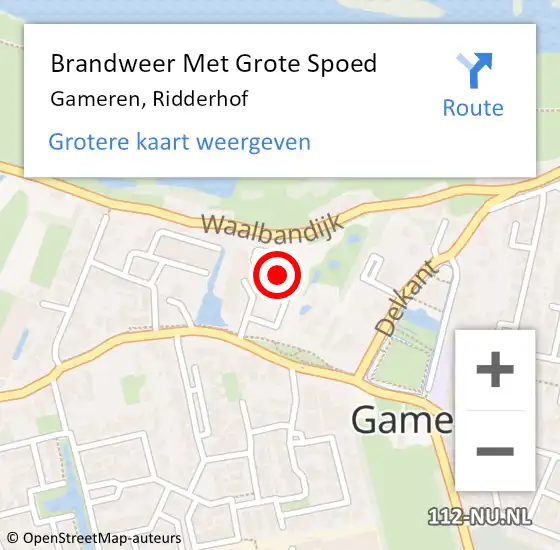 Locatie op kaart van de 112 melding: Brandweer Met Grote Spoed Naar Gameren, Ridderhof op 22 maart 2023 10:22