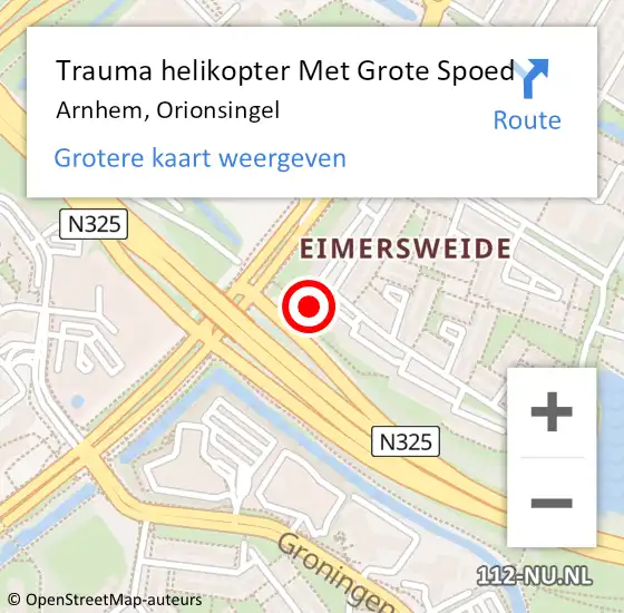 Locatie op kaart van de 112 melding: Trauma helikopter Met Grote Spoed Naar Arnhem, Orionsingel op 23 maart 2023 12:07