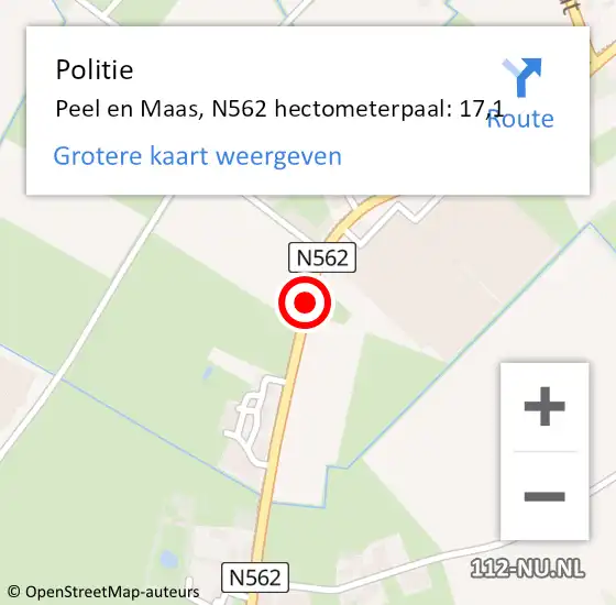 Locatie op kaart van de 112 melding: Politie Peel en Maas, N562 hectometerpaal: 17,1 op 28 maart 2023 15:09