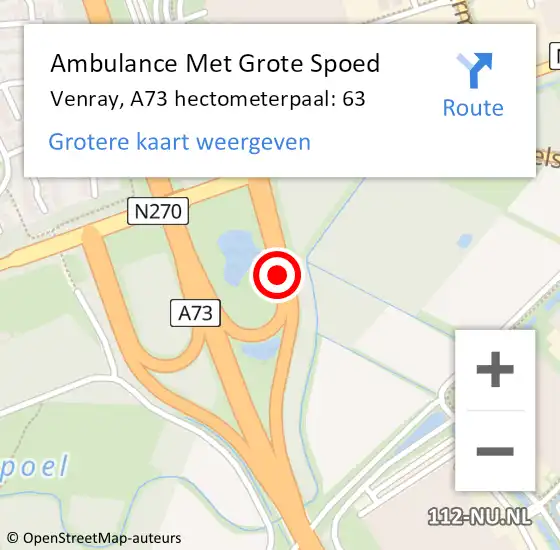Locatie op kaart van de 112 melding: Ambulance Met Grote Spoed Naar Venray, A73 hectometerpaal: 63 op 30 maart 2023 17:38